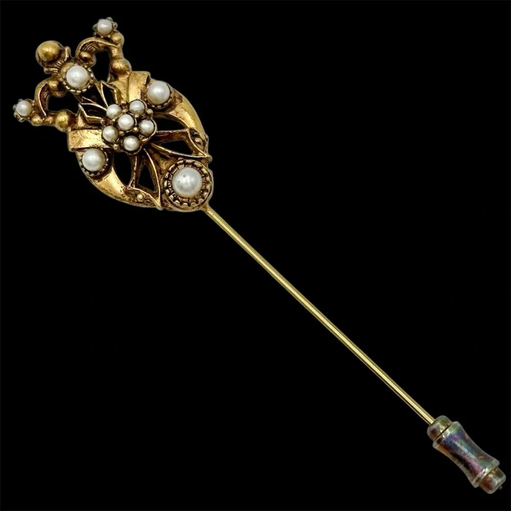Florenza Vintage Faux Pearl Crown Straight Stick Pin Gold Tone hat pin